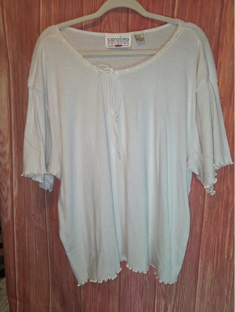 Carolina Colours Plus White Lace Trim Tie Neck Lettuce Hem Top 22W/42